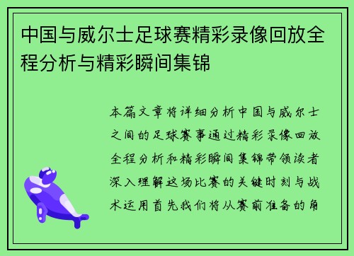 中国与威尔士足球赛精彩录像回放全程分析与精彩瞬间集锦