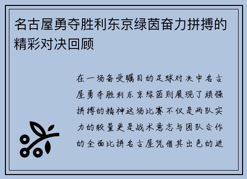 名古屋勇夺胜利东京绿茵奋力拼搏的精彩对决回顾